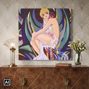 Vintage Art Deco Frau mit Vorhängen von S. Chompre Leinwanddruck