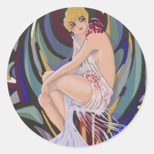 Vintage Art Deco Frau mit Vorhängen von S. Chompre Runder Aufkleber