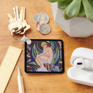 Vintage Art Deco Frau mit Vorhängen von S. Chompre Schlüsselanhänger