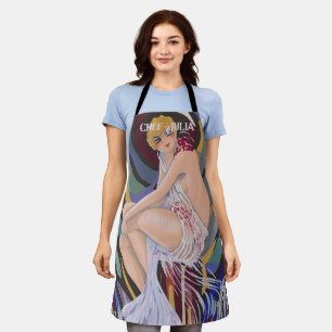 Vintage Art Deco Frau mit Vorhängen von S. Chompre Schürze