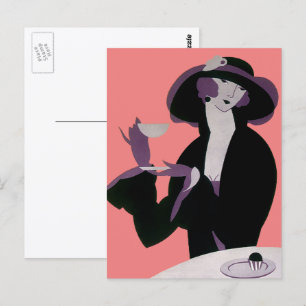 Vintage Art Deco Frau, Nachmittagstee und Cupcake Postkarte