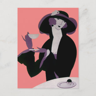 Vintage Art Deco Frau, Nachmittagstee und Cupcake Postkarte