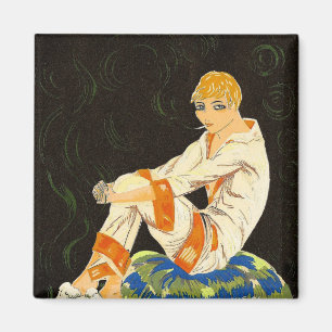 Vintage Art Deco Frau, rauchen von S. Chompre Magnet