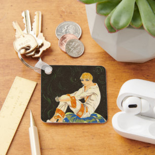 Vintage Art Deco Frau, rauchend von S. Chompre Schlüsselanhänger