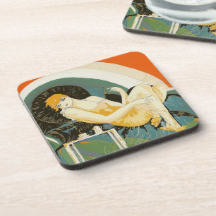 Vintage Art Deco Frau Reclining on Couch, Chompe Getränkeuntersetzer