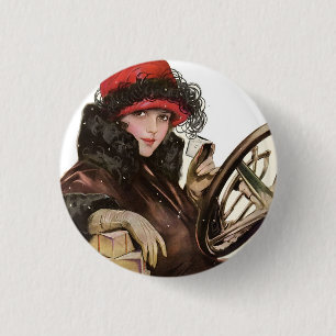 Vintage Art Deco Frau roter Hut Automobil  Button