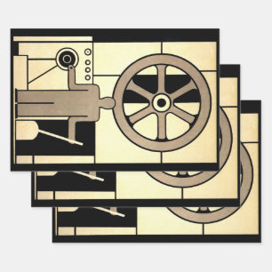 Vintage Art Deco Geschäft Rad und Maschinenarbeite Geschenkpapier Set