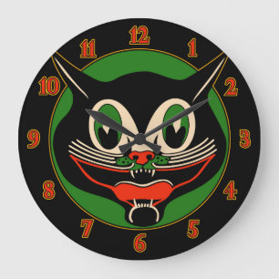 Vintage Art-Déco-Halloween-Katze Große Wanduhr