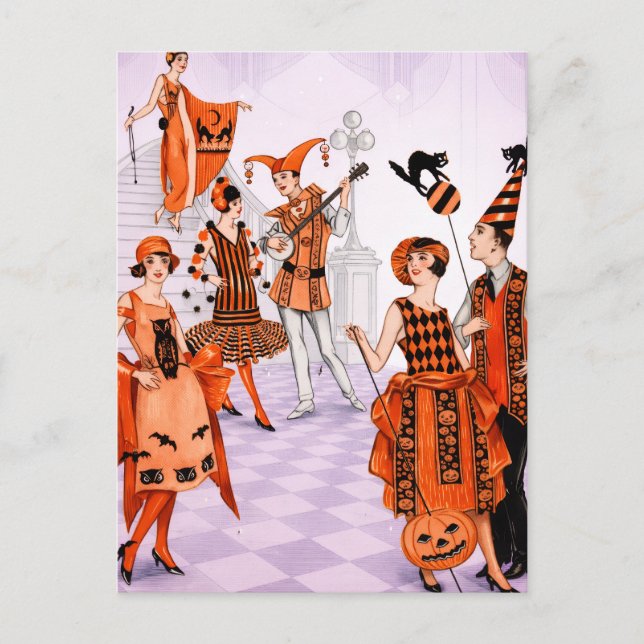 Vintage Art Deco Halloween Party Illustration Postkarte (Vorderseite)