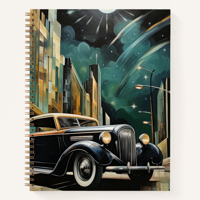 Vintage Art Deco-Inspiriert Auto im Mondschein Notizbuch (Vorderseite)
