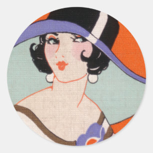 VINTAGE ART DECO LADY MIT HAT-STICKERN 6 RUNDER AUFKLEBER