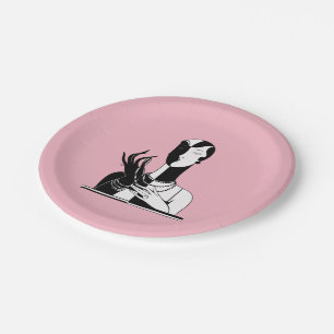 Vintage Art Deco Lady mit Perlen schwarz weiß Pappteller