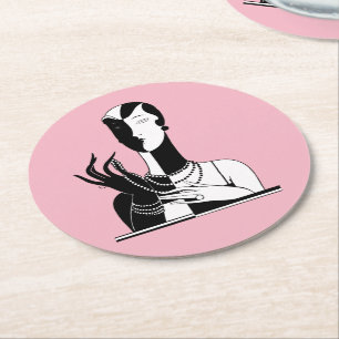 Vintage Art Deco Lady mit Perlen schwarz weiß Runder Pappuntersetzer