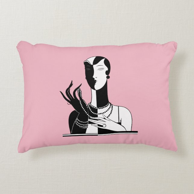 Vintage Art Deco Lady mit Perlen schwarz weiß Zierkissen (Vorderseite)