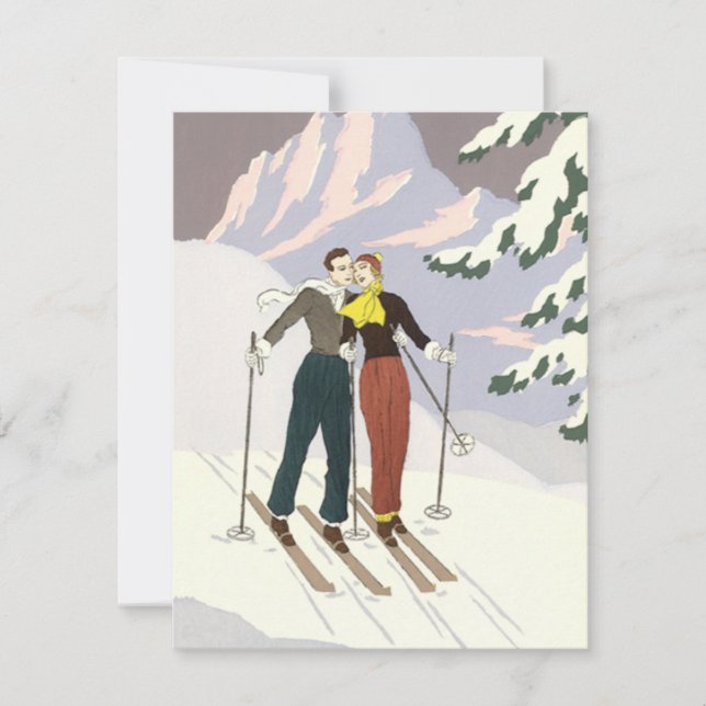 Vintage Art Deco Liebe und Romantik Skifahren Ankündigung (Vorderseite)