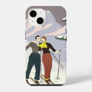 Vintage Art Deco Liebe und Romantik Skifahrende Fr iPhone Hülle