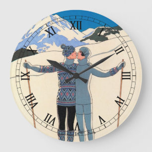 Vintage Art Deco, Liebende im Schnee von George Ba Große Wanduhr