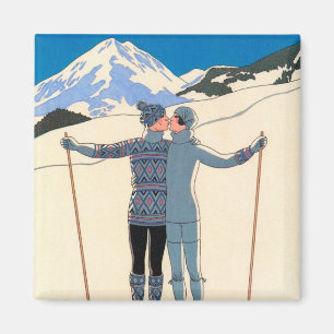 Vintage Art Deco, Liebende im Schnee von George Ba Magnet