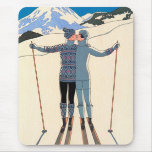Vintage Art Deco, Liebende im Schnee von George Ba Mousepad