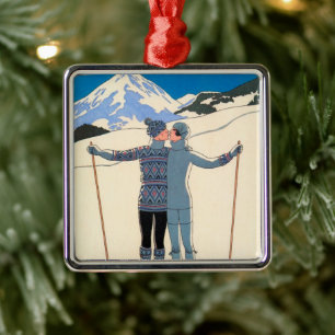 Vintage Art Deco, Liebende im Schnee von George Ba Ornament Aus Metall