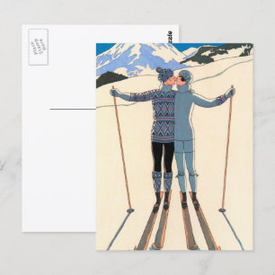 Vintage Art Deco, Liebende im Schnee von George Ba Postkarte