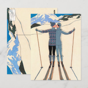 Vintage Art Deco, Liebende im Schnee von George Ba Postkarte