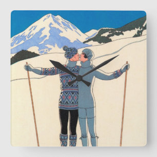 Vintage Art Deco, Liebende im Schnee von George Ba Quadratische Wanduhr
