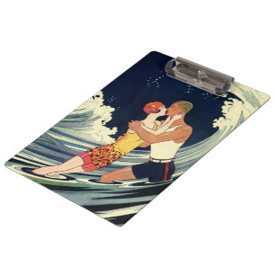 Vintage-Art Deco - Liebende küssen sich in den Wel Klemmbrett