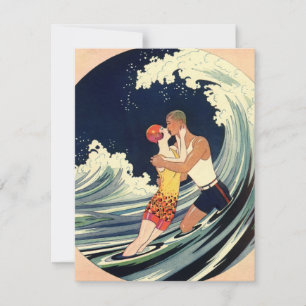 Vintage-Art-Déco-Liebende küssen sich in den Welle