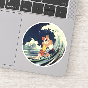 Vintage-Art-Déco-Liebende küssen sich in den Welle Aufkleber