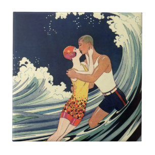 Vintage-Art-Déco-Liebende küssen sich in den Welle Fliese