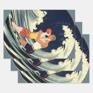 Vintage-Art-Déco-Liebende küssen sich in den Welle Geschenkpapier Set