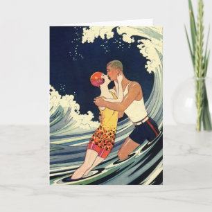 Vintage-Art-Déco-Liebende küssen sich in den Welle Karte