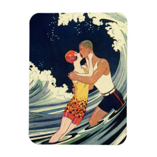 Vintage-Art-Déco-Liebende küssen sich in den Welle Magnet