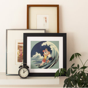 Vintage-Art-Déco-Liebende küssen sich in den Welle Poster