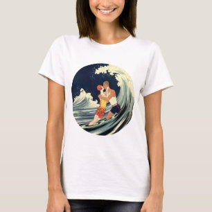 Vintage-Art-Déco-Liebende küssen sich in den Welle T-Shirt
