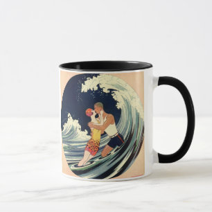 Vintage-Art-Déco-Liebende küssen sich in den Welle Tasse