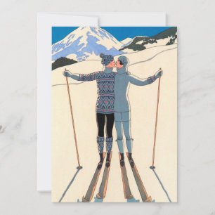 Vintage Art Deco Liebeskuss Skier Schnee Save-the- Save The Date