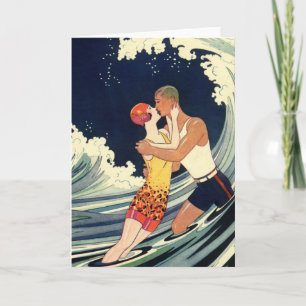 Vintage Art Deco, Liebespaar küsst sich am Strand Karte