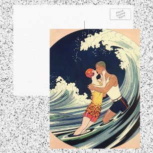 Vintage Art Deco Liebhaber des Kusses in den Welle Postkarte
