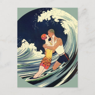 Vintage Art Deco Liebhaber küssen sich Hochzeit Te Ankündigungspostkarte