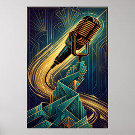 Vintage Art Deco Microphone Music Gold & Teal Poster