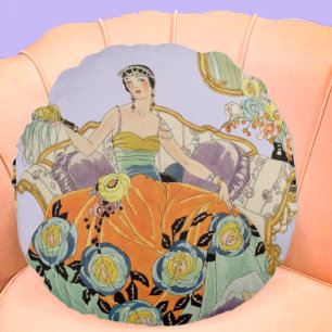 Vintage-Art-Deco-Modeillustration Elegant Rundes Kissen