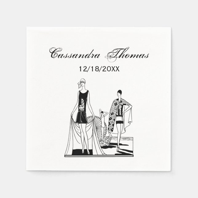 Vintage Art-Deco-modische Damen am Strand Serviette (Vorderseite)