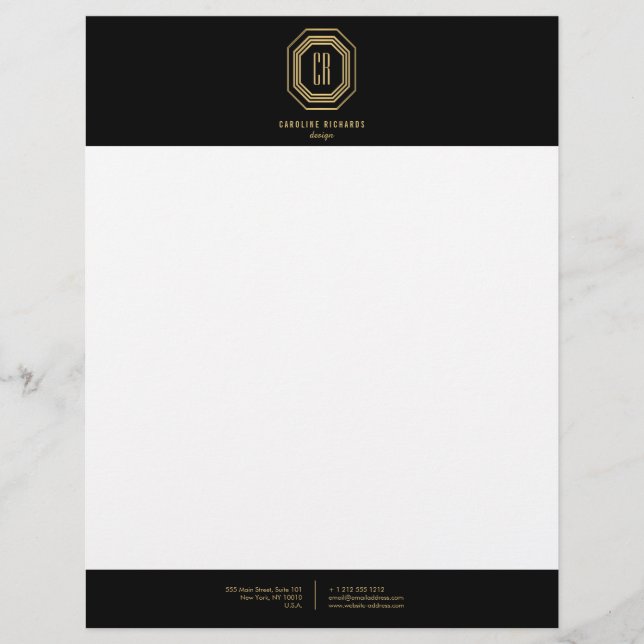 Vintage Art Deco Monogram Gold/Black Briefbogen (Vorderseite)