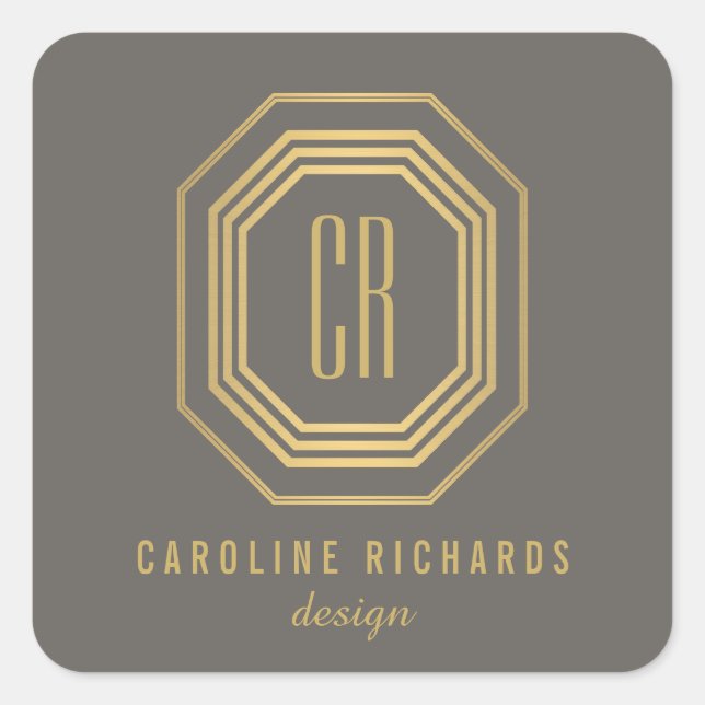Vintage Art Deco Monogram Gold/Grau Quadratischer Aufkleber (Vorderseite)