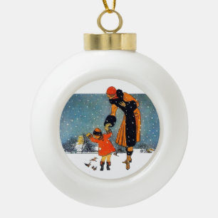 Vintage Art Deco Mutter und Kind im Winterschnee Keramik Kugel-Ornament