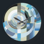 Vintage Art Deco Pochoir Jazz Geometrische Formen Große Wanduhr<br><div class="desc">Vintage Illustrationskunst Deko Jazz pochoir geometrische Tapete Muster von Edouard Benedictus. Pochoir ist eine Schablonentechnik, die in surrealistischen Malereien üblich ist. Ein elegantes und elegantes Kubismus-Design mit Kreisen, Polygone, geometrischen Formen in coolen oder kalten Farbtönen in verschiedenen Blautönen von hell bis dunkel. Ein modernes und ausgeklügeltes Design macht ein großartiges...</div>