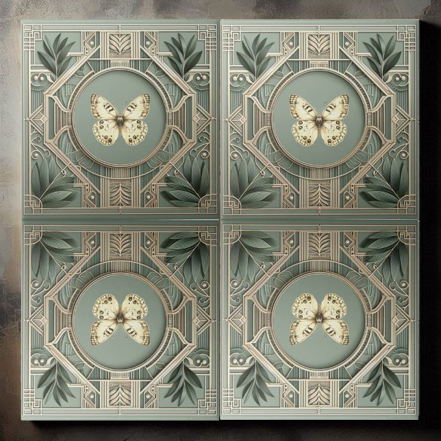 Vintage Art Deco Sage Green Botanical Butterfly  Fliese (Vintage Art Deco Sage Green Ceramic Tile)
