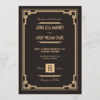 Vintage Art Deco schwarze und goldene Hochzeitsein Einladung